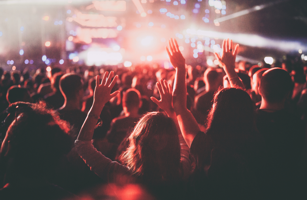 Back view of a crowded audience on a music festival with their arms raised.