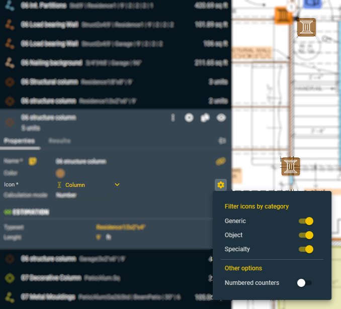 Manage icons in TAKEOFF